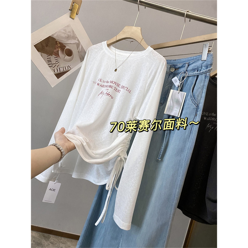 70% Lyocell! Summer Long-Sleeve Korean-Style Versatile Thin Waist-Cinching Ruched Letter-Printed Blouse Long-Sleeve T-Shirt for Women