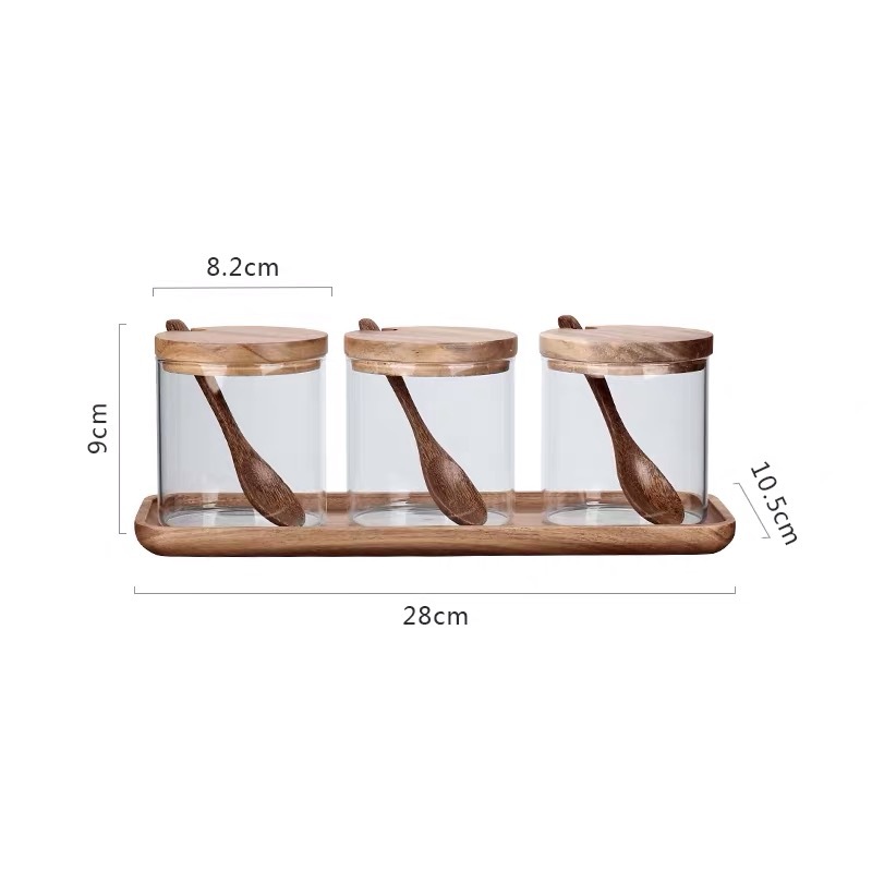 Tarro de condimento de vidrio de madera de acacia