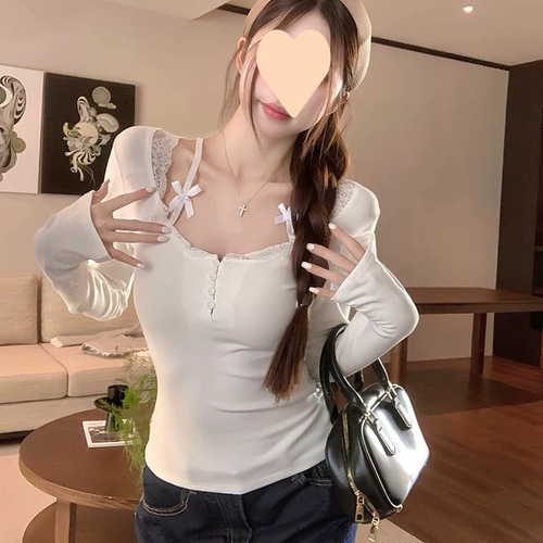 Pure desire fake two-piece long-sleeved shirt, hottie slim slimming lace stitching, short base and inner top for women