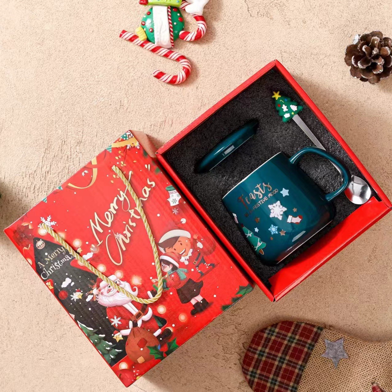 Juego de Tazas de Cerámica con Tapa y Cuchara, Taza para Agua, Regalo de Navidad, Recuerdo, Edición Limitada de Navidad