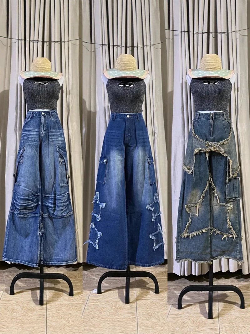 Pantalones de mezclilla para mujer, monos, pantalones de moda de piernas anchas con bolsillos múltiples, pantalones Cargo pants wholesale