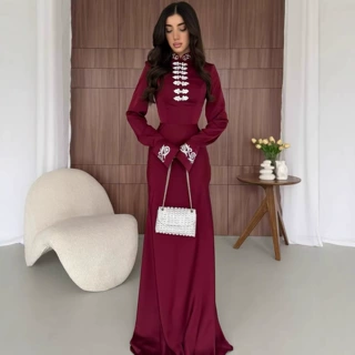 2026春季新款欧美亚马逊跨境女装新中式立领盘扣修身长袖连衣裙