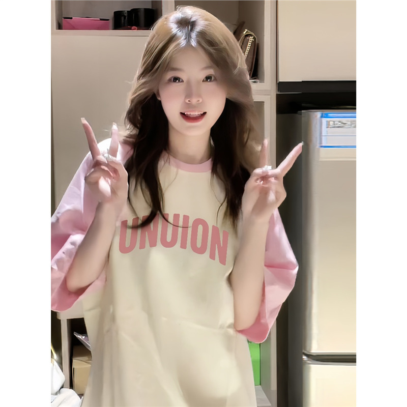Girls Junior High School Senior high school College Students Loose Cotton plus size Top Summer Wear Pink Raglan Short-sleeved T-shirt