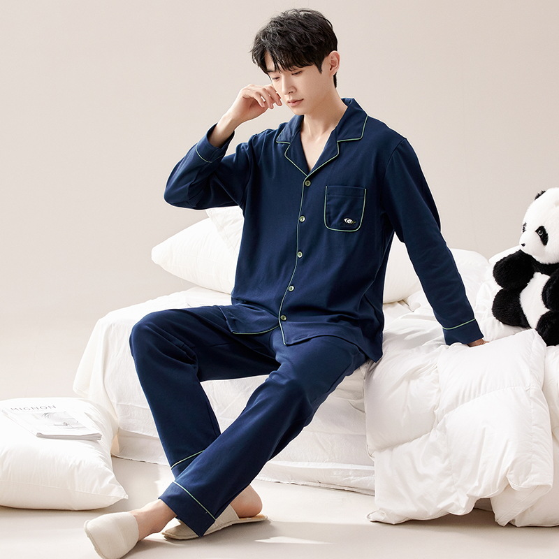 100% Cotton Men's Pajamas Spring and Autum Long-Sleeved Cardigan Casual Boys Home Clothes Young and Middle-Aged Loose Autum and Winter Styles