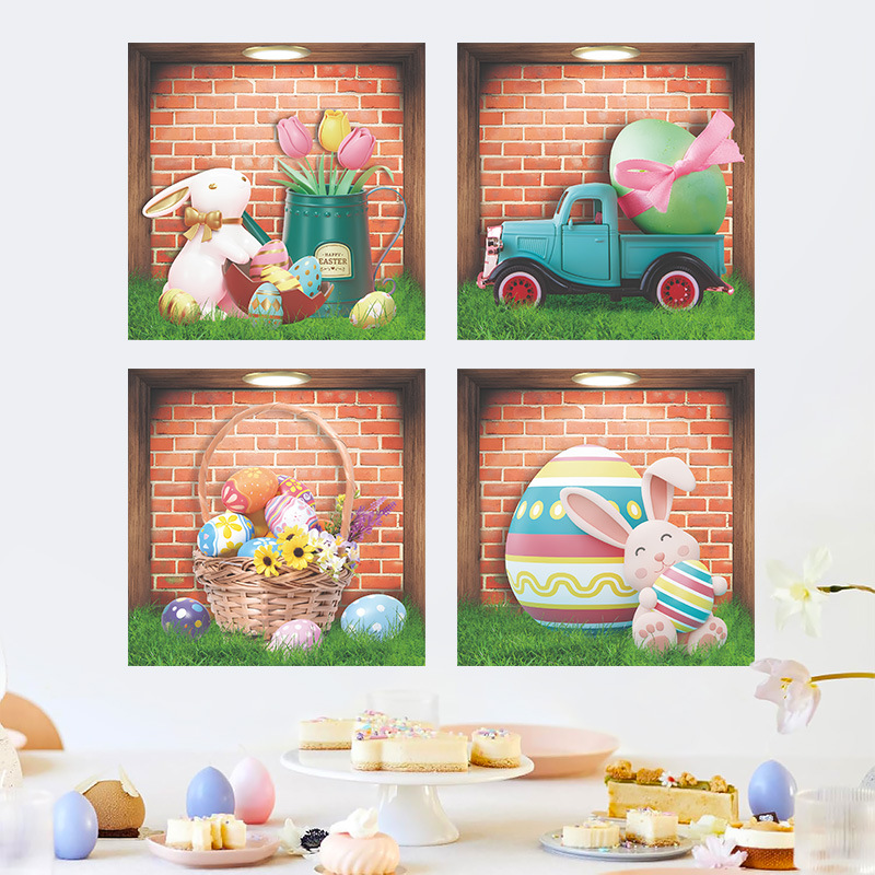 Nuovo adesivo da parete autoadesivo in PVC per decorazione domestica 3D di Pasqua, a forma di uovo, per finestra e coniglio._voghion.com