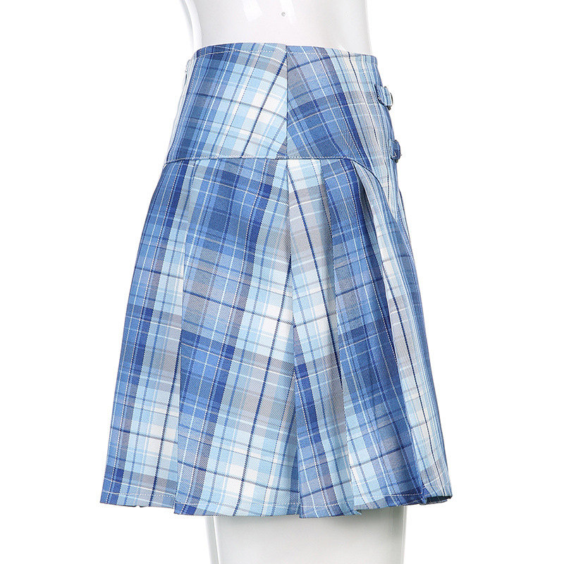 blue plaid slim-fit pleated skirt  NSLQ47498