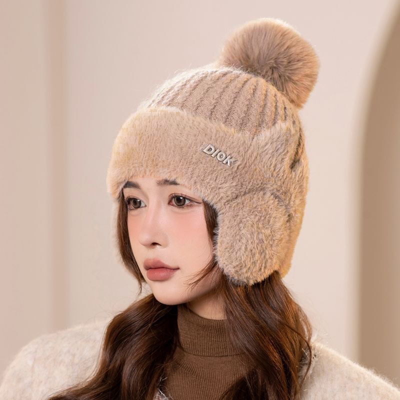 新款冬季针织棒球帽女秋冬骑车加厚防寒毛绒帽保暖甜美护耳毛线帽|undefined