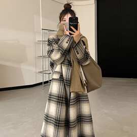 呢子大衣女2026秋冬新款韩系宽松赫本风复古格子加厚毛呢外套潮