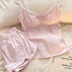 ピンクの甘い女の子ストライプリボンパジャマセット女性の夏胸パッドサスペンダートップショーツホーム服