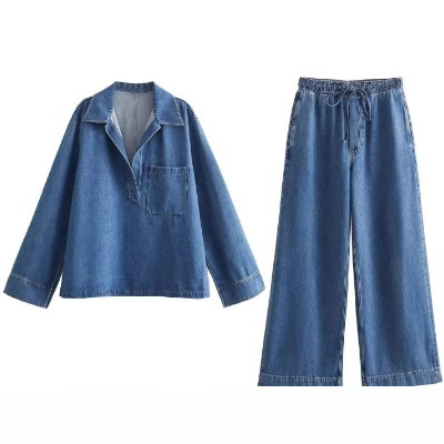 European and American Cross-border Women's AliExpress Explosions Fashion Casual V-neck Denim Shirt Jeans suit