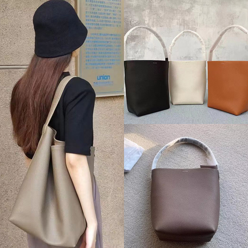 The Row Large Capacity Soft Leather Bucket Bag Genuine Leather Litchi Pattern Tote Bag Class Commuter New Style the Shoulder Bag