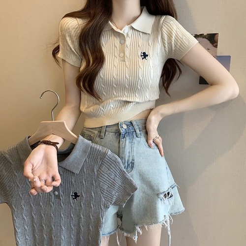 Stylish Sweet and Spicy Summer French Minority Fashion Polo Collar Knit Top Short Sleeve T-Shirt for Women Short Style Slimming Upper Body