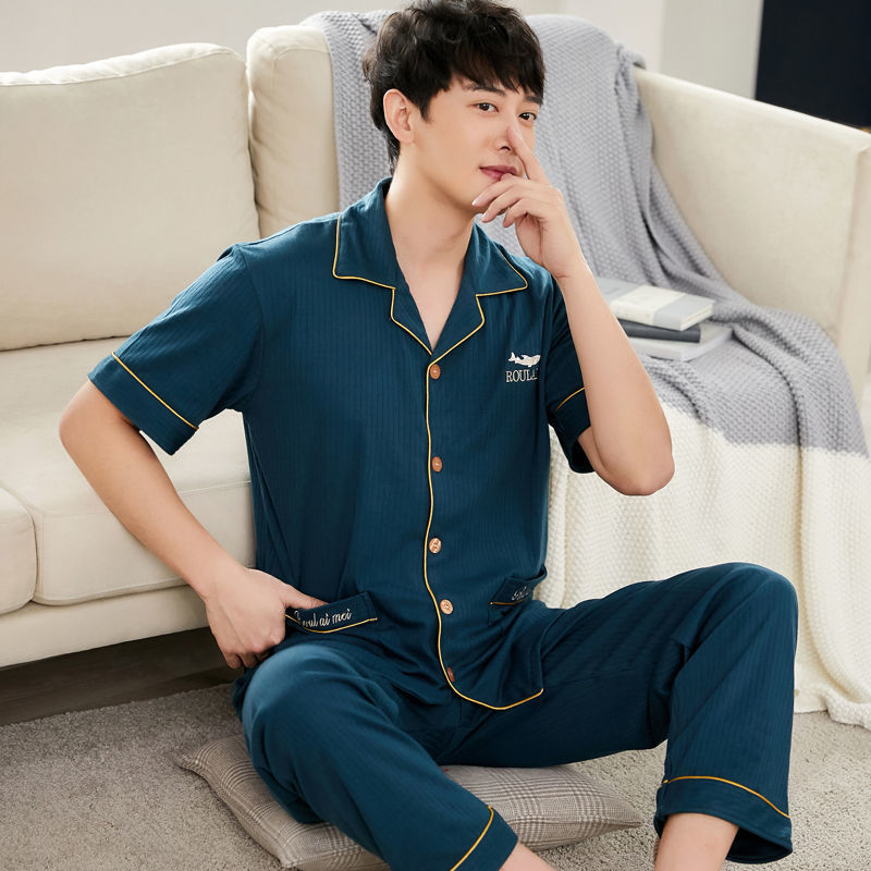 Pijamas de algodón para hombre primavera y verano pijamas de manga corta para hombre otoño fino algodón solapa ropa para el hogar conjunto