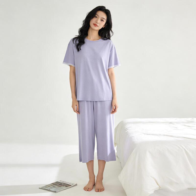 [Multiple Styles] Knitted Cotton Pajamas for Women, Summer Short-Sleeved Home Wear Set, Can Be Worn Outside, Comfortable and Breathable