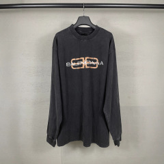 正确版本高品质B家25SS新款LOGO印花洗水做旧宽松长袖T恤男女同款