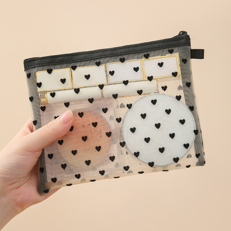 Mini bolsa de cosméticos de hilo de red de amor bolsa de flocado portátil bolsa mediana bolsa de boca transparente multifuncional