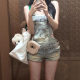 Vintage Distressed Washed Denim Strap Shorts for Women, Sexy Low-Rise Hip-Hugging Slim-Fit Shorts