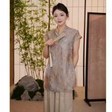 新中式国风女装人丝浮光锦V领短袖T恤女士衬衫2026夏季轻奢上衣