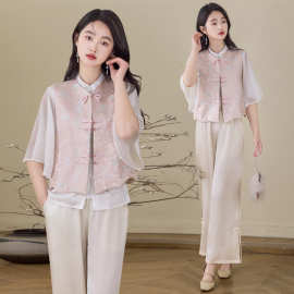 8702#2025梅鹊影 新中式马甲春夏原创国风茶服粉色盘扣提花上衣