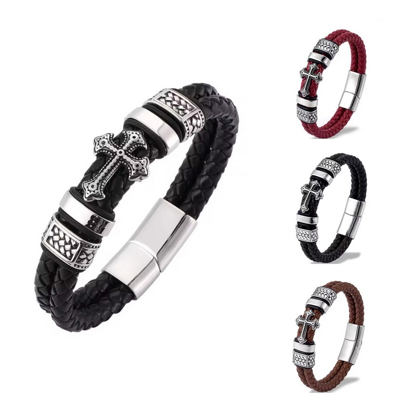 New Leather Bracelet, Retro Punk Cross Genuine Leather Bracelet, Classic Double-Layer Bracelet, Men's Magnetic Buckle Bracelet New Leather Bracelet, Retro Punk Cross Genuine Leather Bracelet, Classic Double-Layer Bracelet, Men's Magnetic Buckle Bracelet