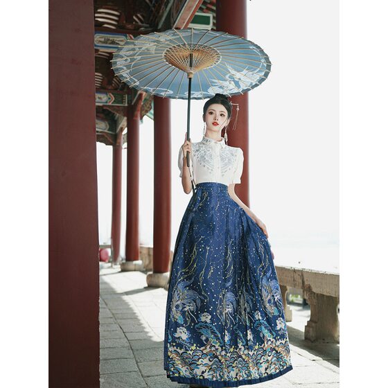6521 real shot national style Han clothing Han element embroidered short sleeve jacket satin starry sky horse skirt set price limit 40