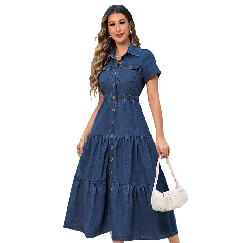 K Plus Size Women's Clothing Women's Short-sleeved Long Dress With Pocket And Button-down Collar_voghion.com