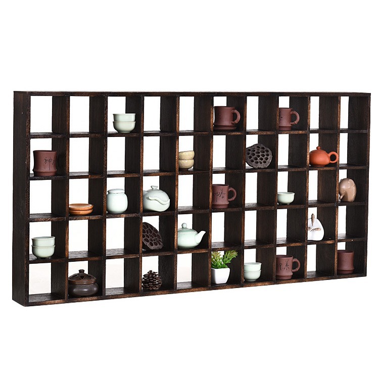 Burning Paulownia Wood Antiquity Shelf Solid Paulownia Wall Tea Set Rack Partition Display Shelf Living Room Multi-purpose Shelf Wall-hanging Grid Rack