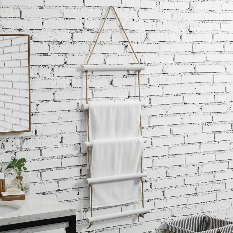 in stock solid wood wall hanging towel rack ladder with 5 rungs and rustic rope bathroom drying towel