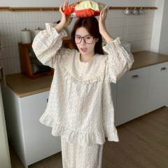 韩国ins女士春甜美碎花清新蕾丝花边拼接少女长袖睡衣家居服套装