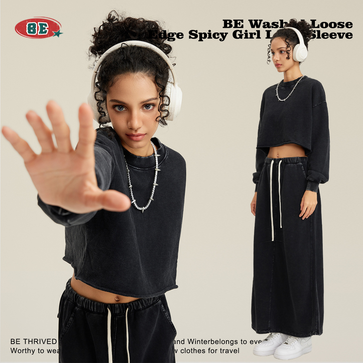 Ropa de mujer BE | Camiseta de Manga Larga con Cuello Redondo, Estilo Vintage, Desgastada y Deshilachada, para Mujer, Otoño/Invierno 2025