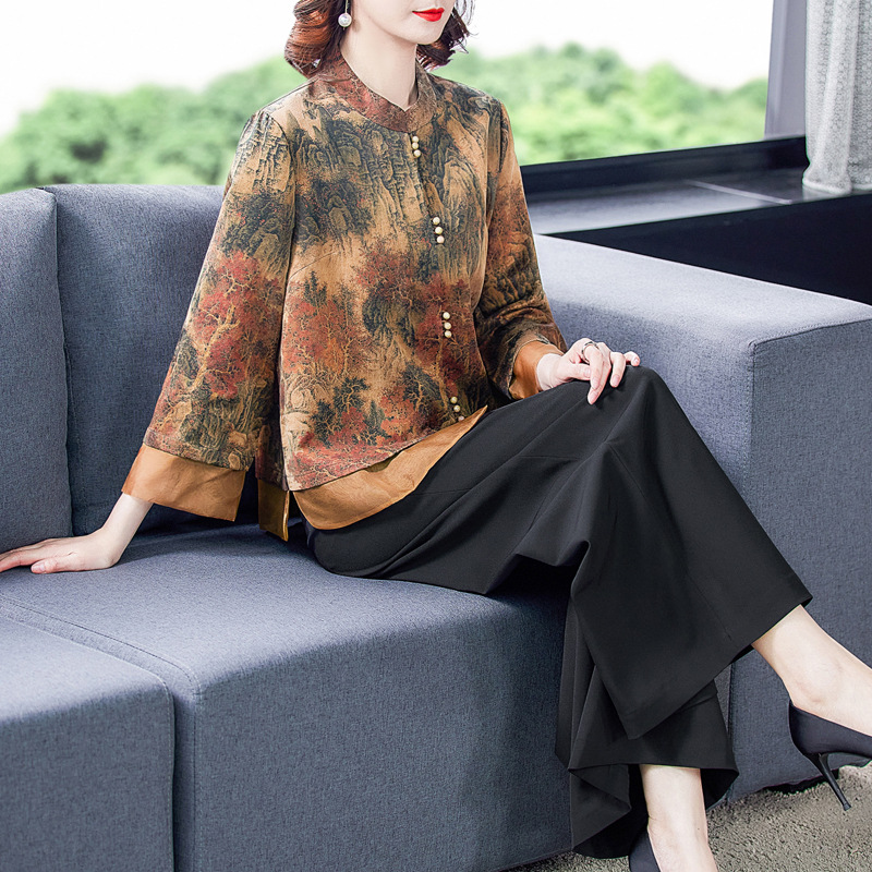 gambiered Guangdong gauze suit High-end Real silk Two piece set spring and autumn new pattern fashion mulberry silk Long sleeve jacket Broad leg trousers