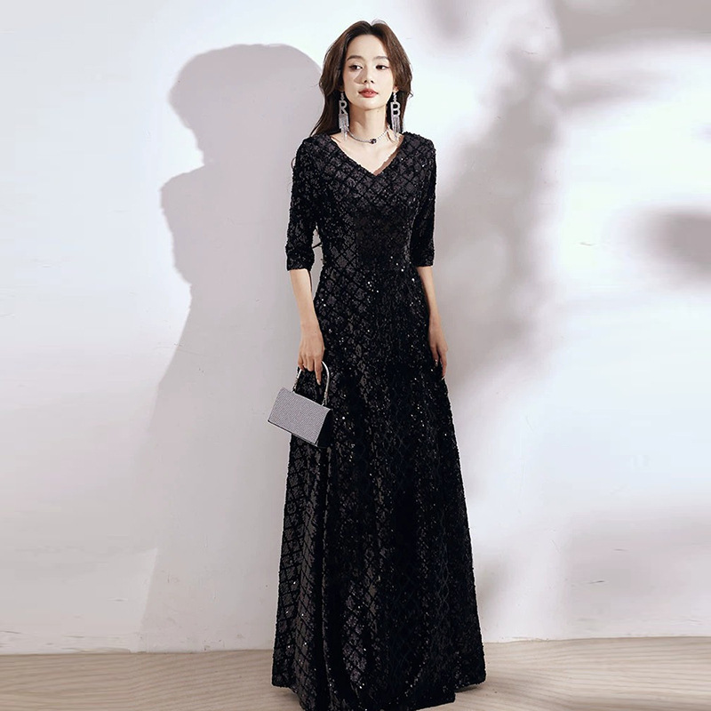 Black Evening Dress Women's High-end Sequins Atmospheric Dress Light Luxury Niche High-end Long Banquet Host Performance Black Evening Dress Women's High-end Sequins Atmospheric Dress Light Luxury Niche High-end Long Banquet Host Performance