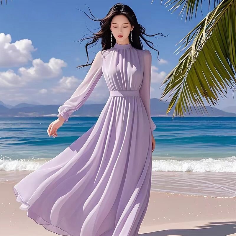 2026 Light Purple Chiffon Dress for Women, Summer Long-Sleeve Elegant Seaside Vacation Long Dress, Beach Dress with Flowing Large Hem 2026 Light Purple Chiffon Dress for Women, Summer Long-Sleeve Elegant Seaside Vacation Long Dress, Beach Dress with Flowing Large Hem