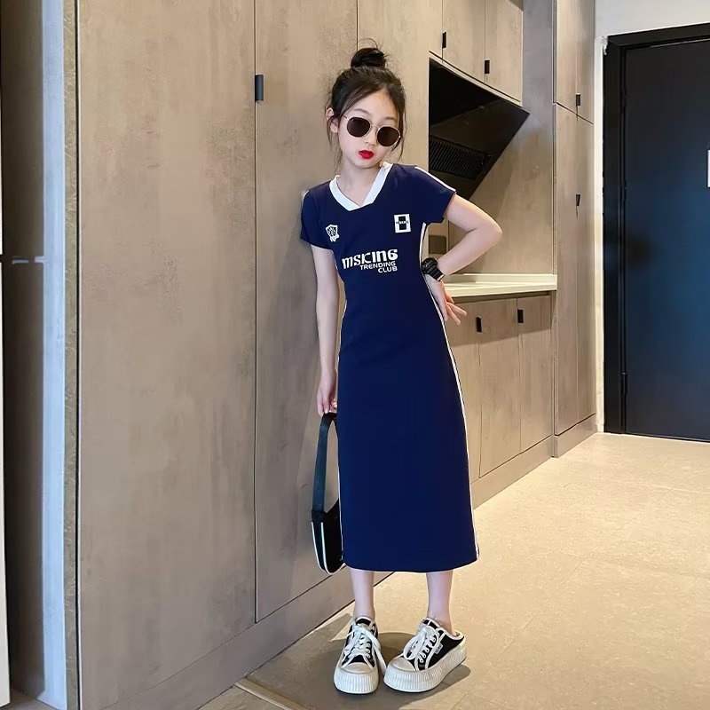 女童夏季字母短袖恤韩系新款女孩时髦休闲长中大童长款时尚裙子