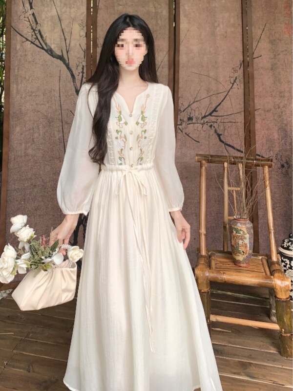 Ethnic Style Embroidered Chiffon Long-Sleeved Dress Autum New Large Size Fat Waist High-End Light Luxury Long Skirt