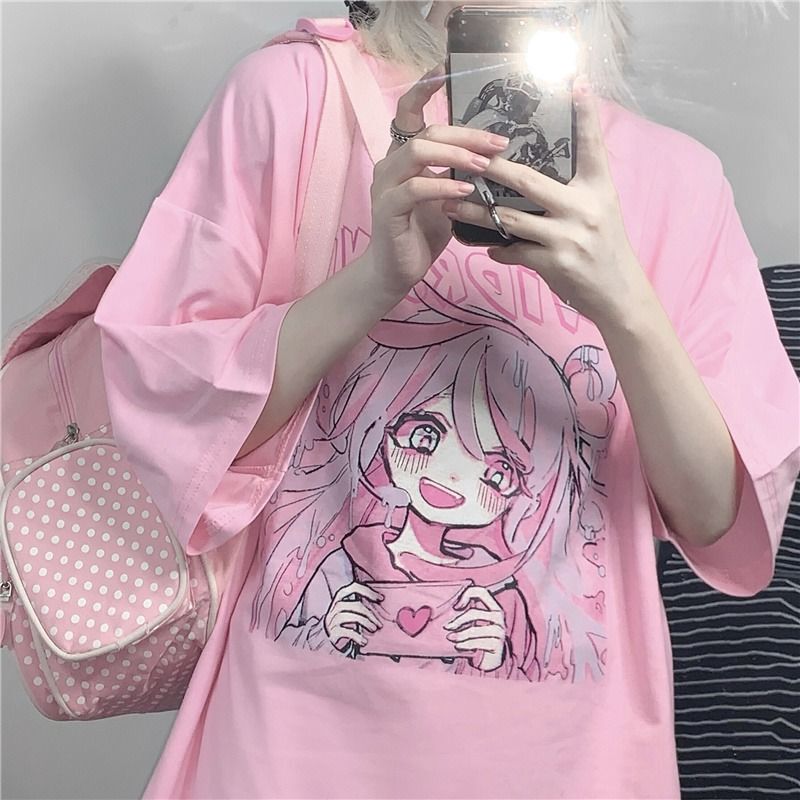 Summer Loose T-shirt Women's Cartoon Pink Harajuku Clothes Kawaii Casual Top Ulzzang Vintage T-shirt