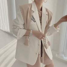 韓國chic春秋氣質優雅翻領單排扣字母貼布抽繩收腰長袖西裝外套女