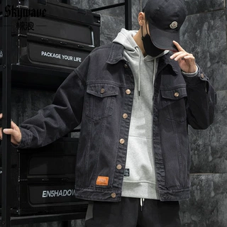新款羊羔毛牛仔外套男大码棉服春秋男装工装夹克黑色加厚牛仔棉衣
