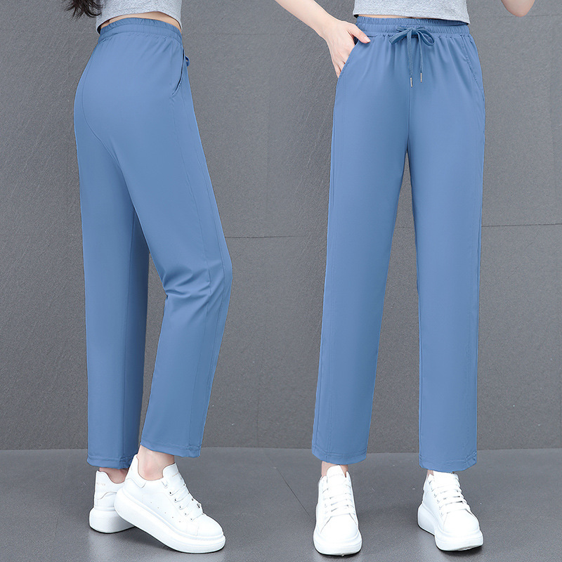 Ice Silk Quick-drying Stretch Straight Casual Sports Trousers Women's Summer Thin Drawstring Elastic High Waist All-match Loose