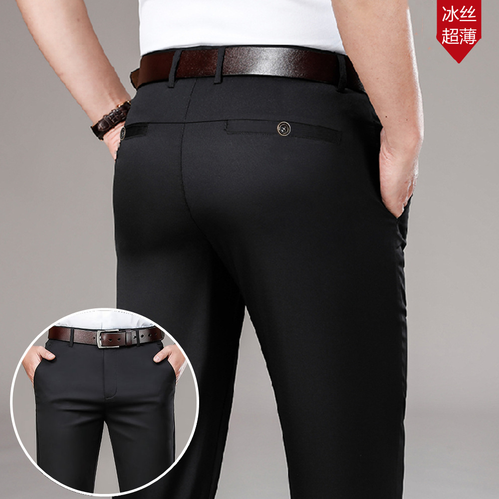 Pantalones de traje de seda de hielo de verano Pantalones casuales de los hombres de moda delgada recta ropa formal de negocios pantalones de traje sin planchar hombres