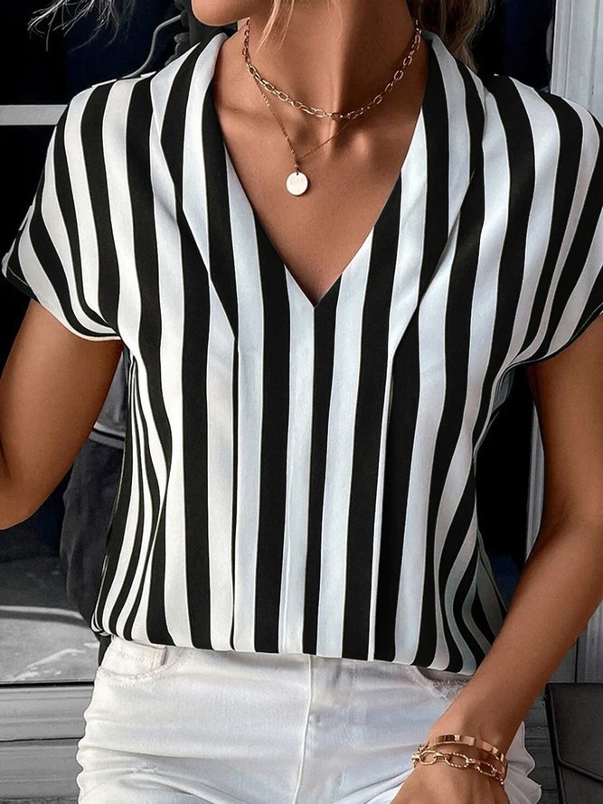 Stripe Pattern Summer Season Women's Gender Wholesale Women's Simple Style Stripe Short Sleeve Printing Blouses