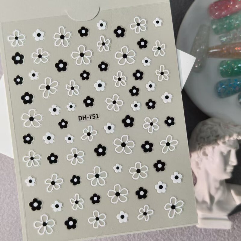 Ins Black and White Five-Petal Flower Nail Stickers Waterproof Adhesive Small Fresh Versatile Floral Nail Stickers Dh Style