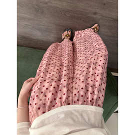 韩版休闲撞色波点花苞睡裤女夏季高腰垂感显瘦阔腿家居长裤可外穿