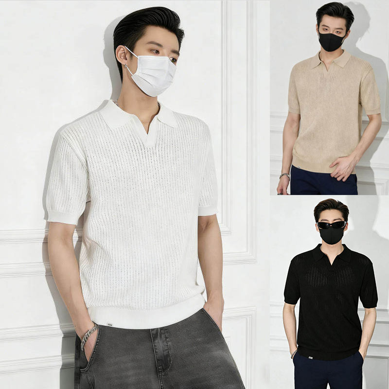 Camisas de polo de manga corta de estilo antiguo, camisetas de punto de cuello en V de hombre, camisetas de textura hueca de gaviota, fábrica de verano al por mayor.