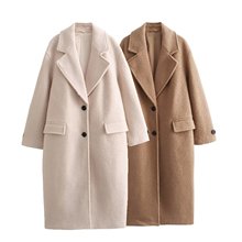外贸批发秋季新款欧美风珠皮呢纯色宽松气质大衣外套8073243