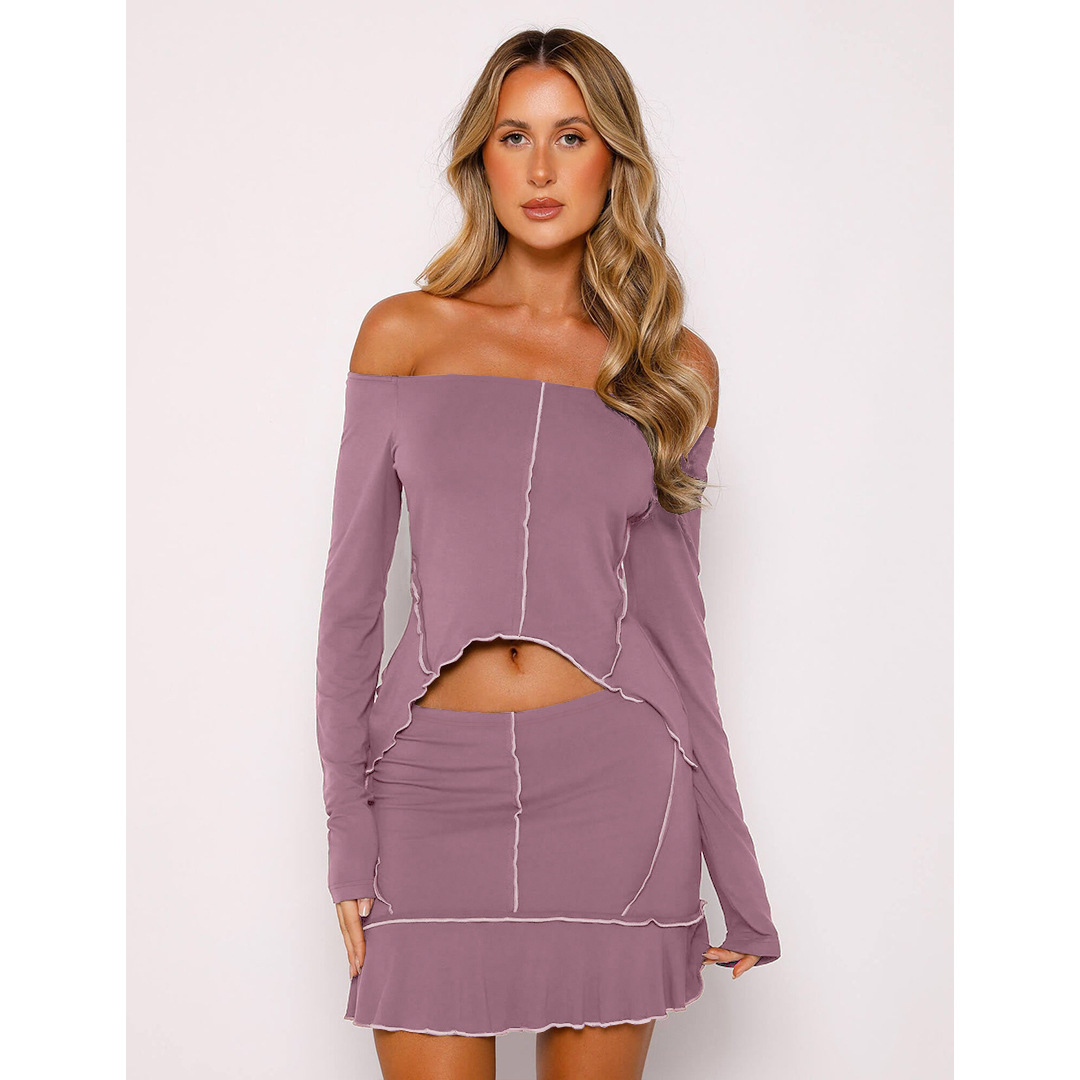 Women Clothing Sexy Solid Color Reverse Design Off Neck Skirt Set