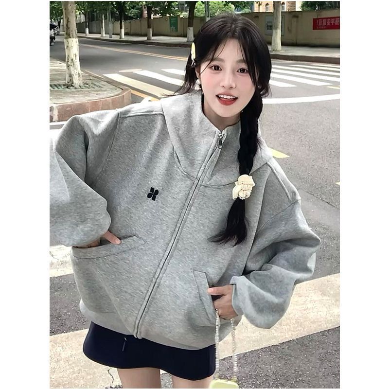 美式复古拉链开衫连帽卫衣女春秋宽松设计简约学院风休闲百搭外套|undefined