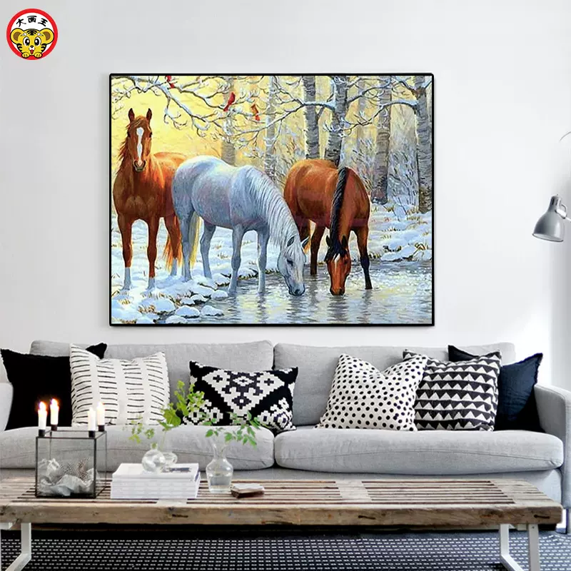 跨境爆款40X50风景骏马带框装饰批发绘画填充手工填色DIY数字油画