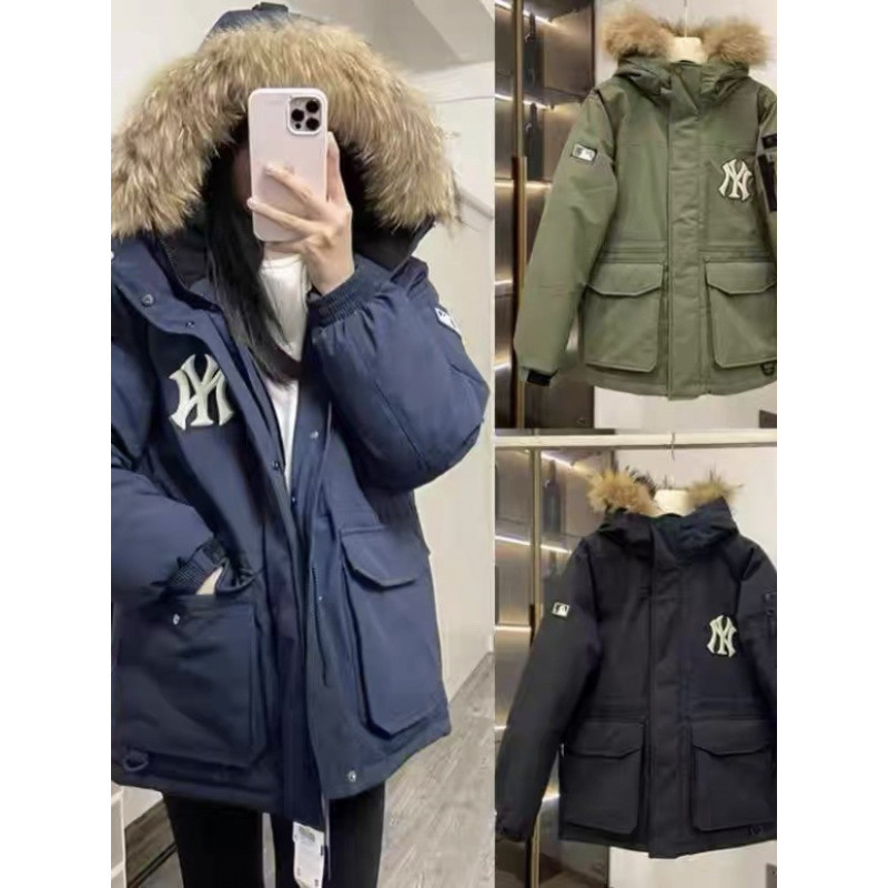 Mlb Men's and Women's Hooded down Jacket with Large Fur Collar, Couple's Mid-Length Thickened Waterproof Workwear Jacket, Casual and Versatile