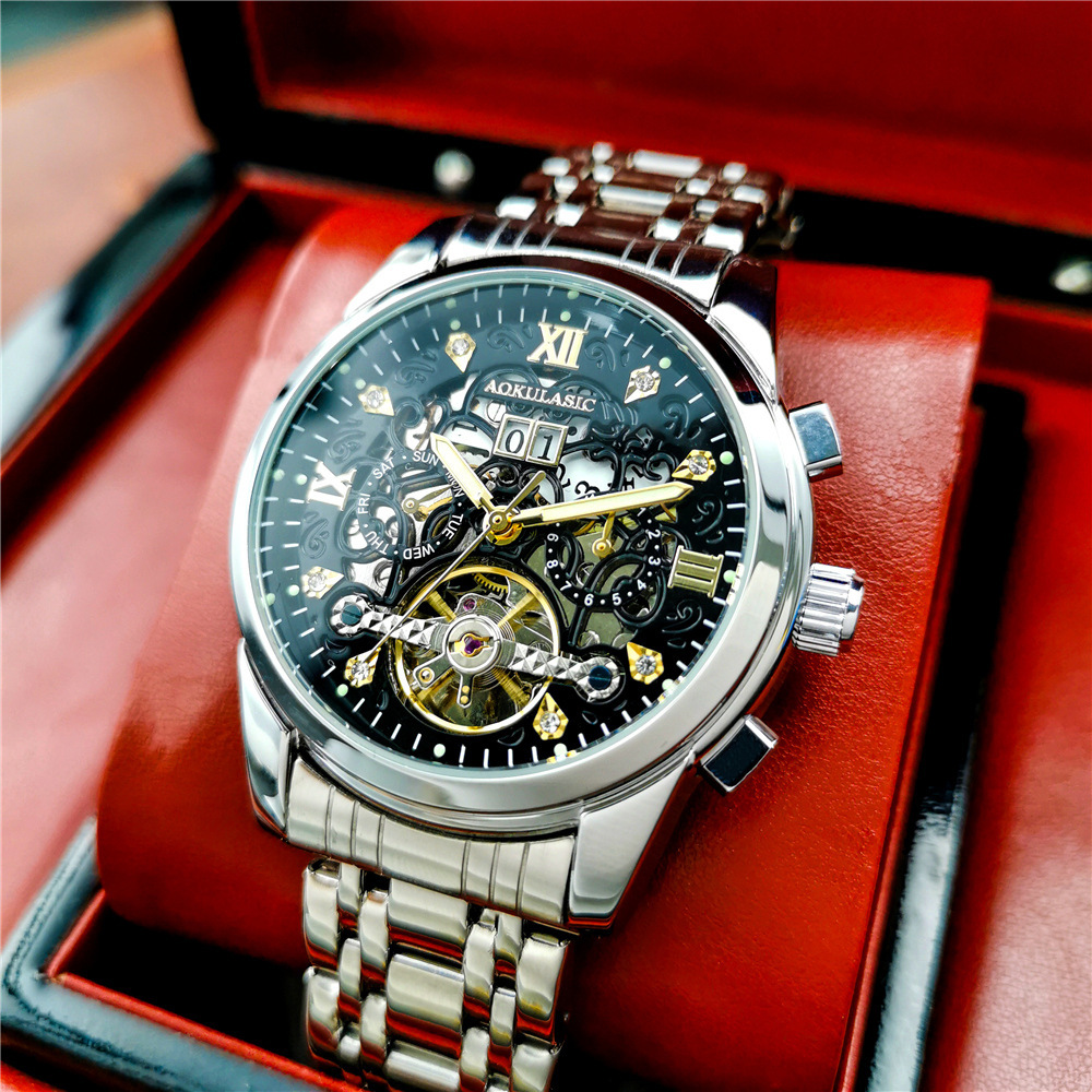 AOKULASIC/ogulas hombres rhinestone reloj mecánico automático hueco doble calendario multifuncional reloj de correa de acero